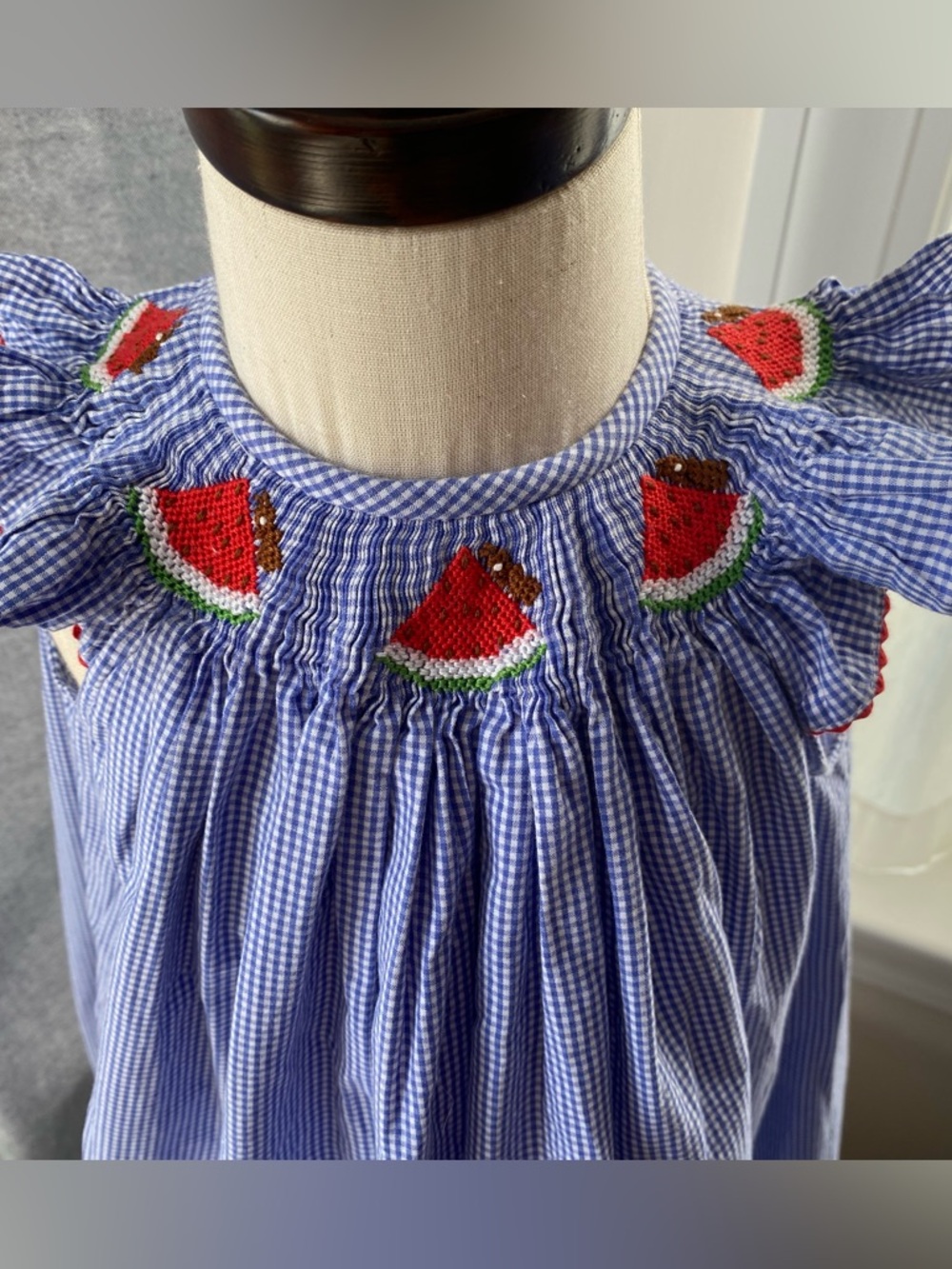 Silly Goose Hand-Smocked Gingham Maxi Dress with Watermelon & Ant Motif